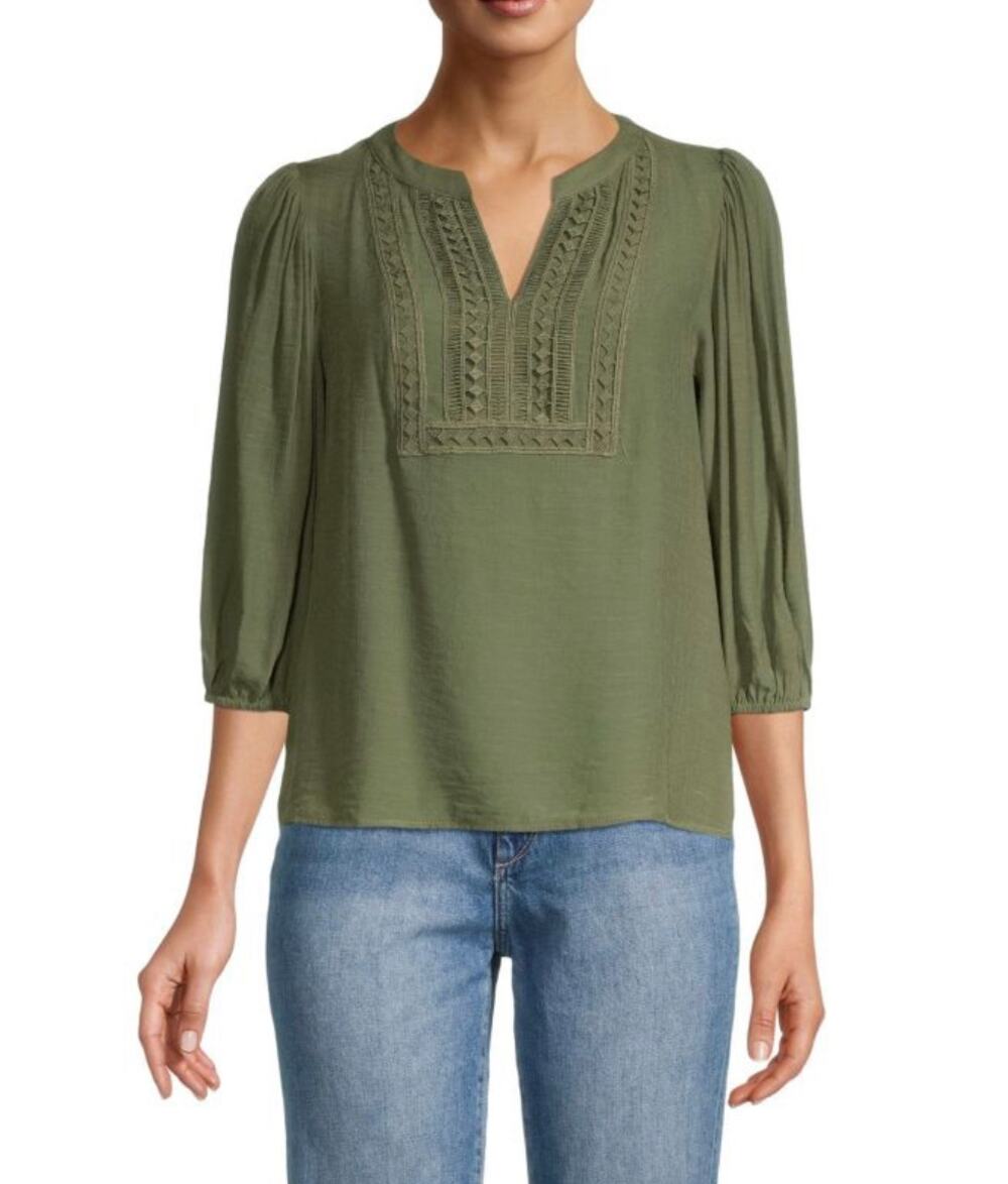 Nanette Lepore Crochet Detail Split Neck Top Size Small NWT Martini Olive Green